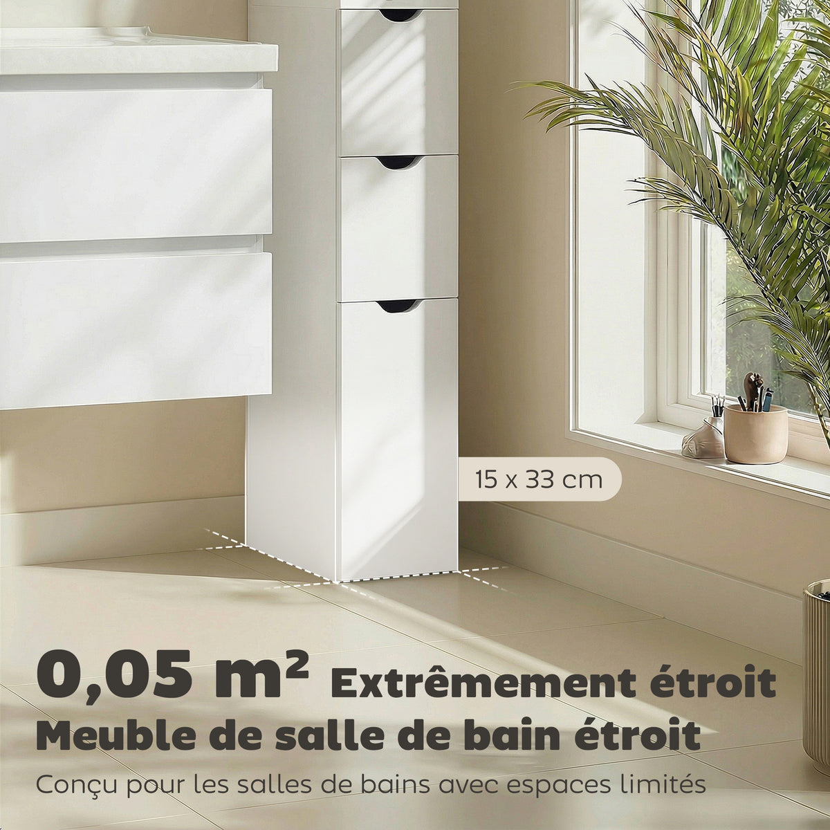 Meuble colonne salle de bain armoire de salle de bain avec tiroirs étagères ouvertes placard 15 x 33 x 136,8 cm blanc-3