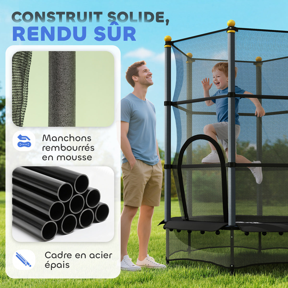 Trampoline Enfant Ø 1,40 × 1,90H m Filet de sécurité Porte zipée Couvre-Ressorts 6 poteaux rembourrés Inclus Noir-3