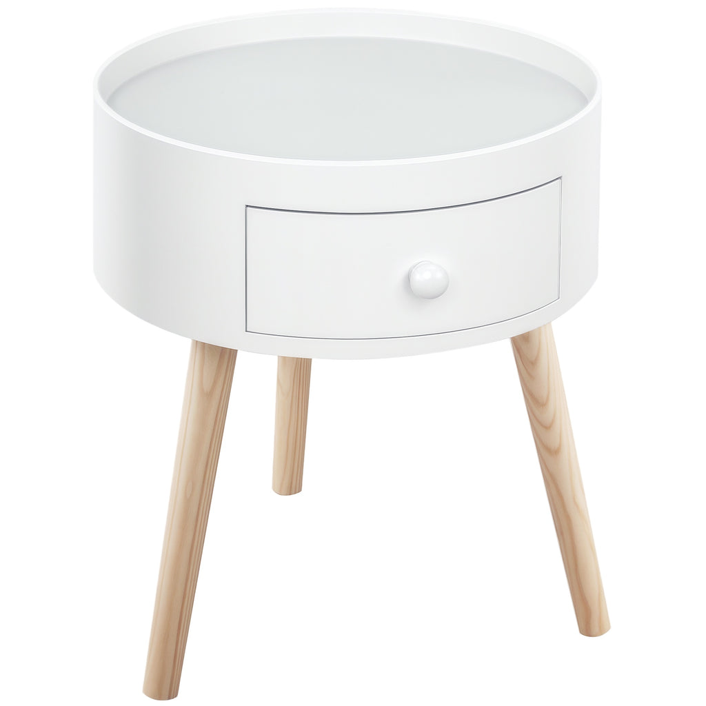 Table basse - table de chevet - table de nuit ronde - design scandinave table d'appoint bout de canapé avec tiroir pieds effilés inclinés bois massif chêne clair blanc-0
