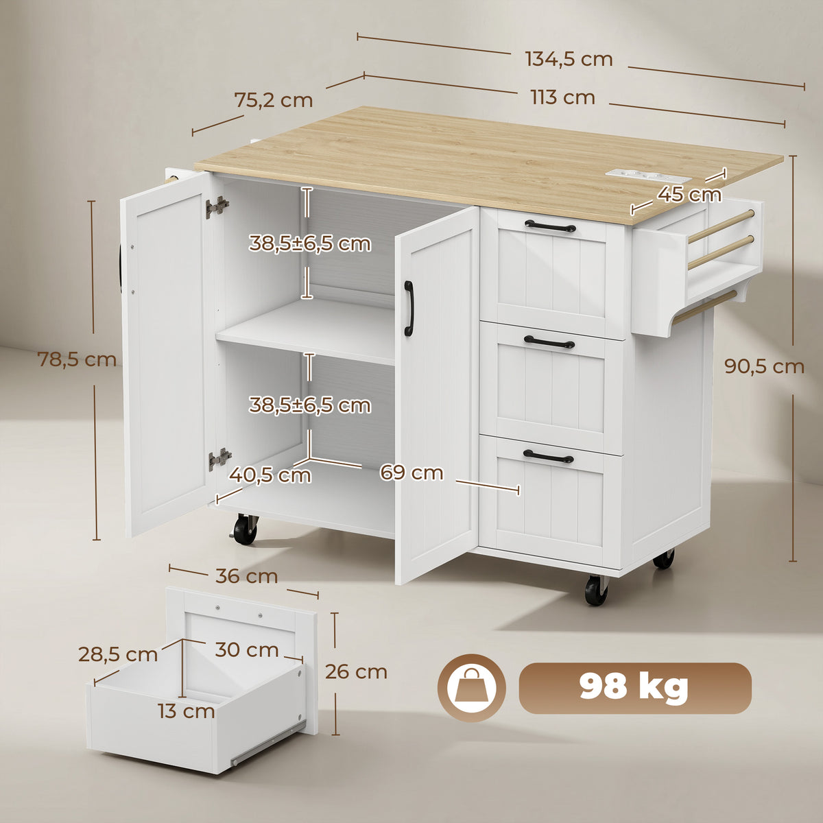 Îlot Central Cuisine avec Plateau Rabattable 2 Prises et 2 Ports USB Desserte de Cuisine sur Roulettes 3 Tiroirs Blanc-2