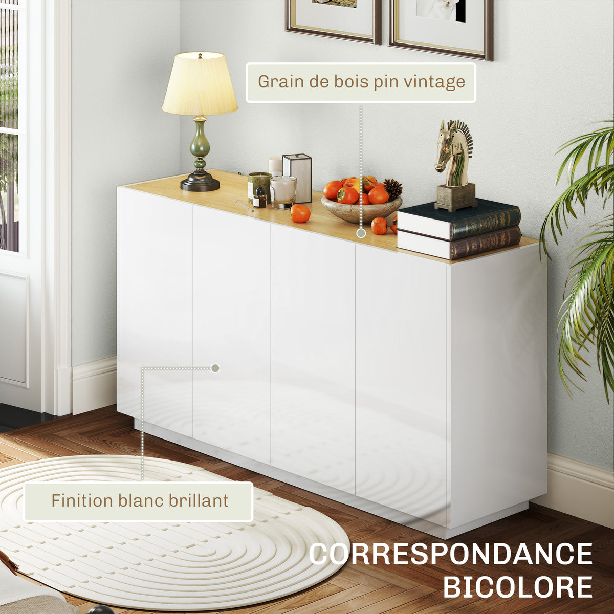 Buffet salle à manger buffet cuisine 4 portes à fermeture douce et étagères réglables 140l x 40P x 75H cm blanc laqué-5