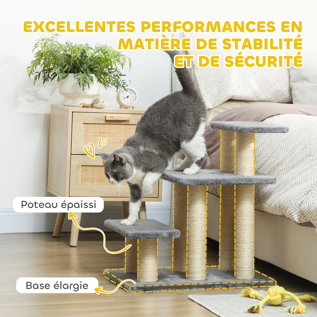 Escalier pour animaux domestiques réglable 3 marches échelle pour chat chien griffoirs en sisal balle 52x34,5x54cm gris-3