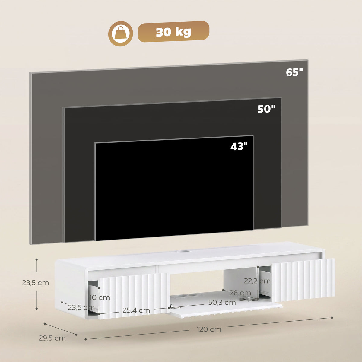 Meuble TV Suspendu Flottant 120 cm avec Éclairage LED et Prises, Meuble Télé pour Téléviseur 65 Pouces, Blanc-2