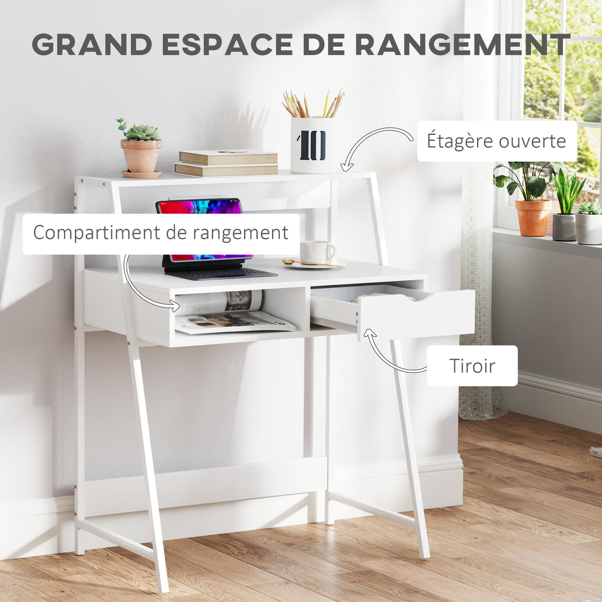 Bureau secrétaire Bureau Informatique Style néo-rétro tiroir Niche étagère métal Blanc-3