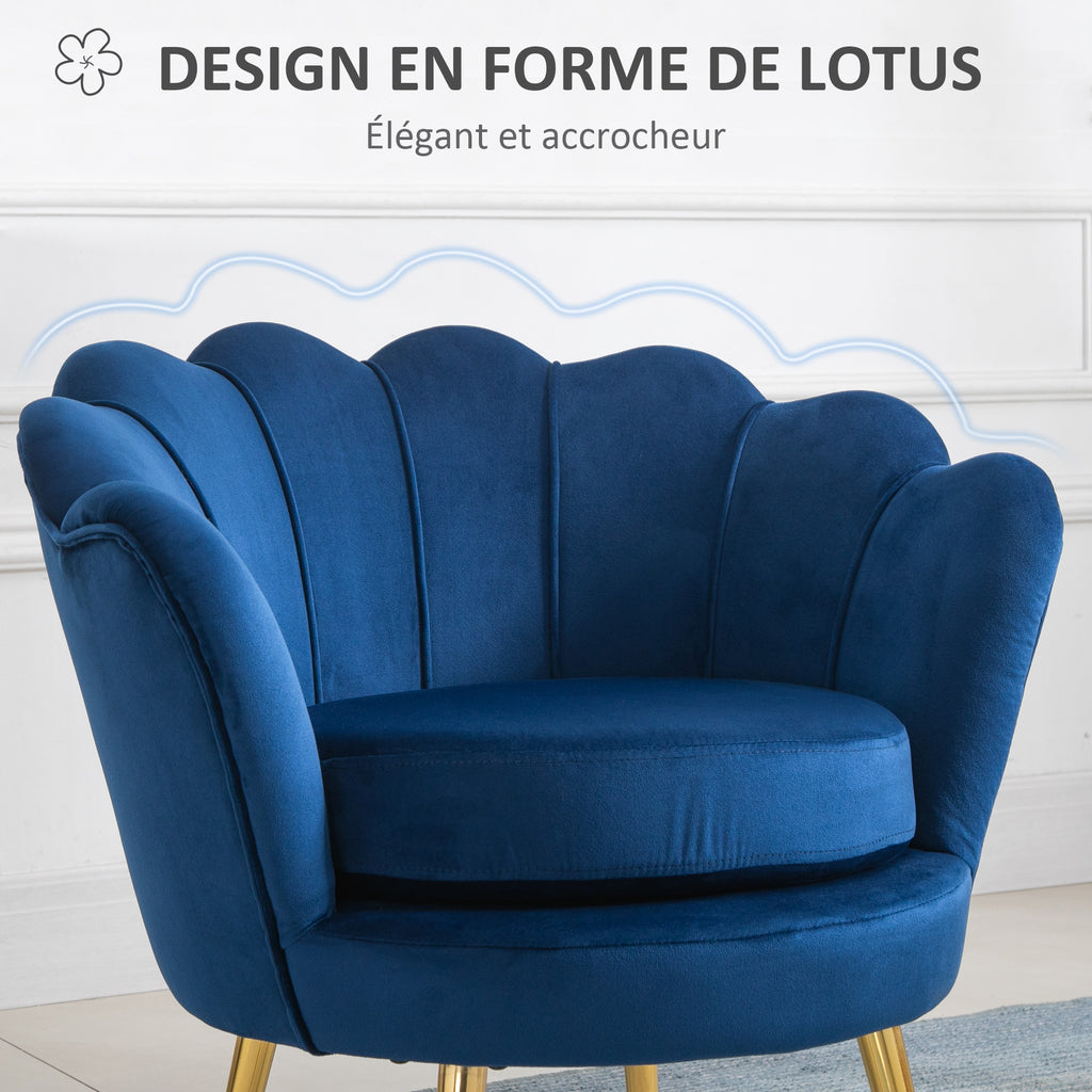 Fauteuil salon fauteuil en velours fauteuil coquillage avec pieds en métal doré pour chambre à coucher, bleu-3