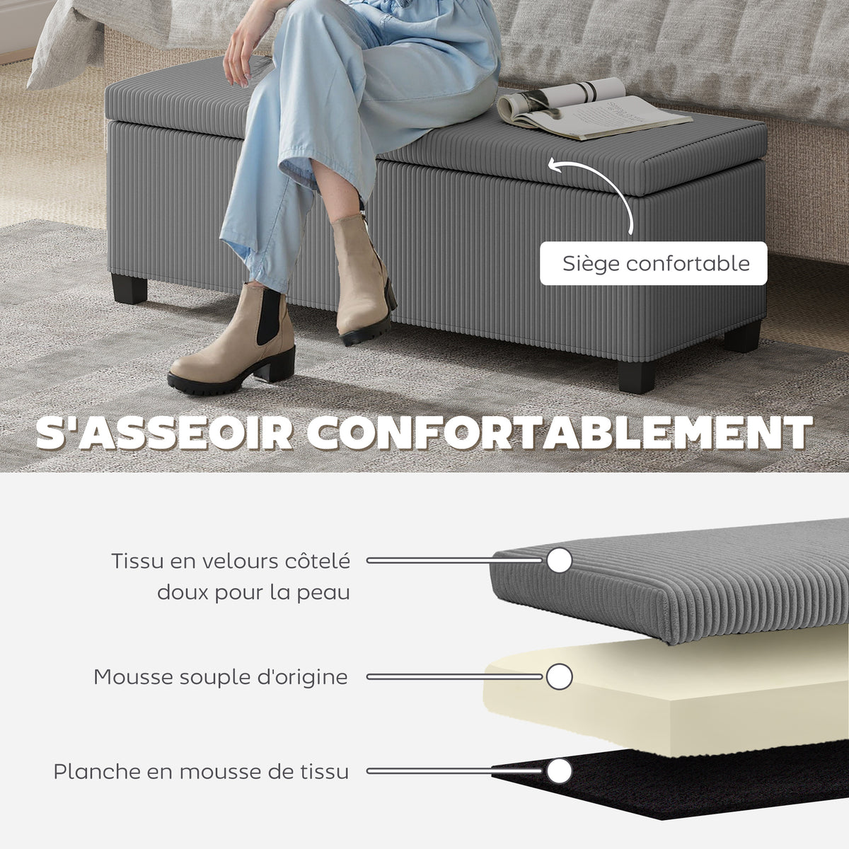Banc de rangement bout de lit en velours côtelé avec couvercle, pour salon, chambre, entrée, 112 x 42 x 40 cm, gris-4
