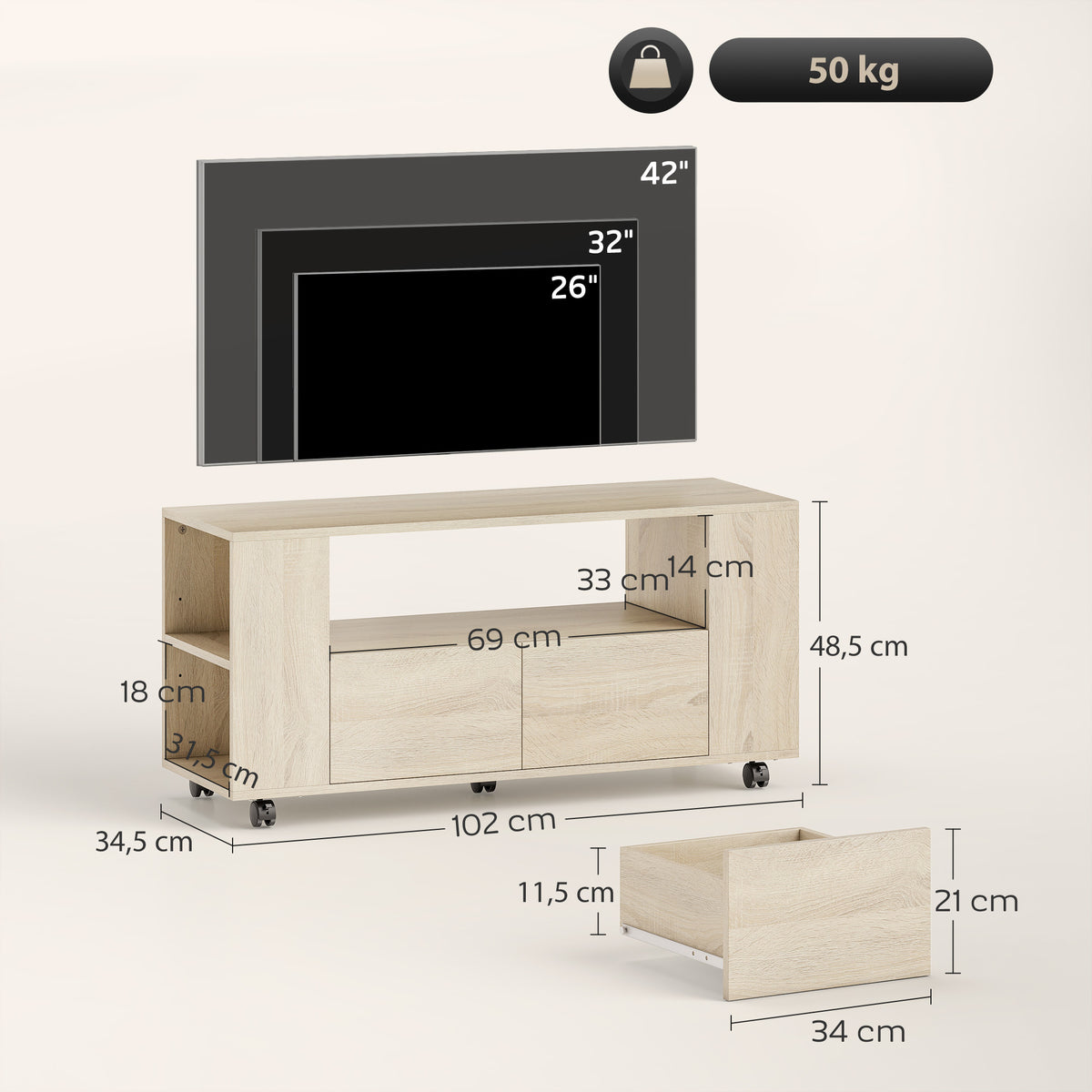 Meuble TV sur roulettes 102 cm, meuble télé pour téléviseur jusqu'à 42 pouces, 2 tiroirs, compartiments ouverts, naturel-2
