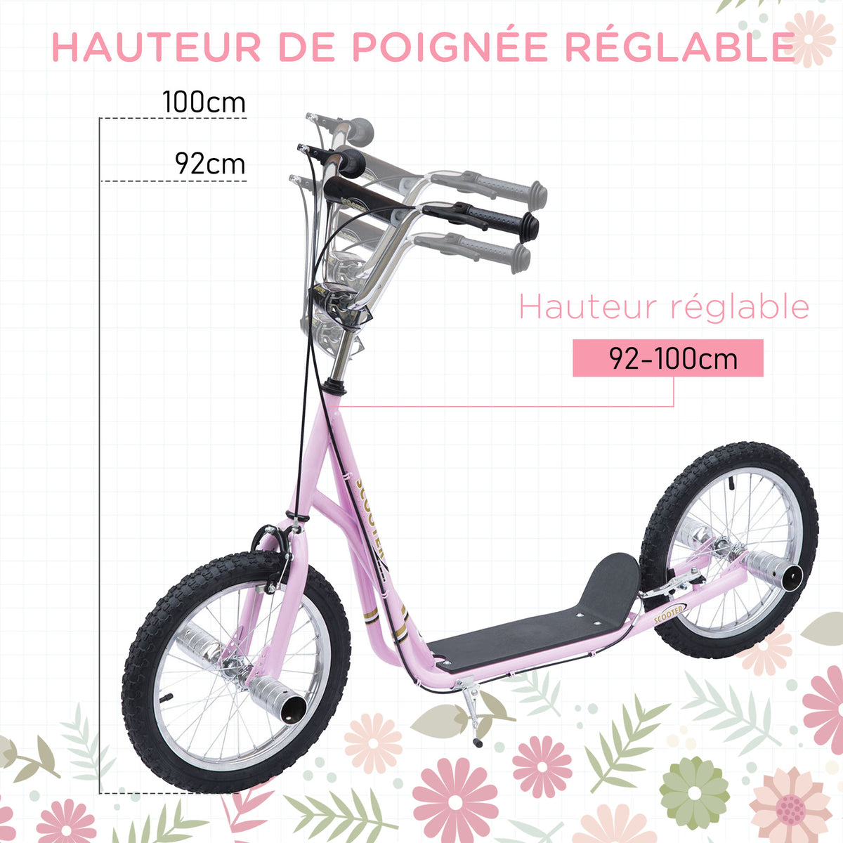 Trottinette patinette Grandes Roues pneumatiques Ø 41 cm avec pegs Rose-3