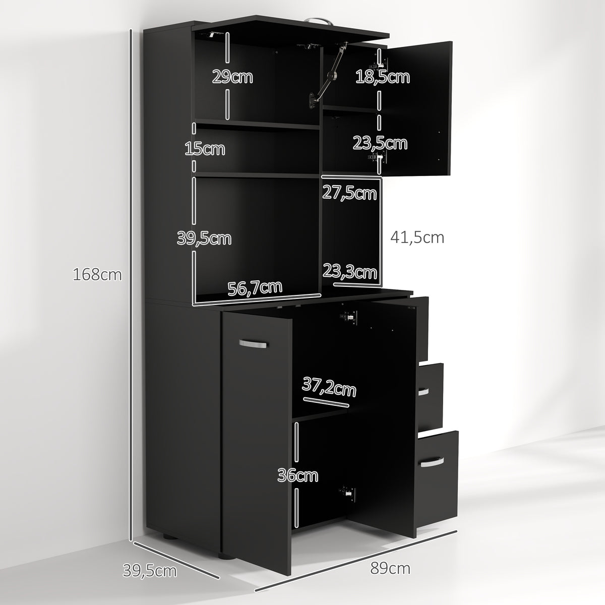 Armoire de cuisine multi-rangements 4 portes 3 tiroirs étagère + grand plateau 89L x 39,5l x 168H cm noir-2
