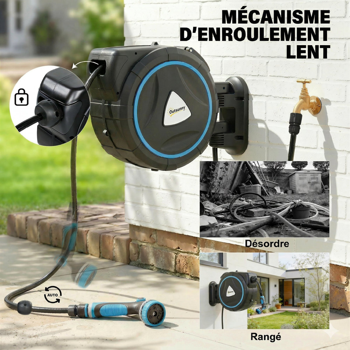 Enrouleur Tuyau Arrosage Mural Automatique 25m Dévidoir Automatique Pistolet d'Arrosage 10+2 Modes 55x31x50cm Bleu-4