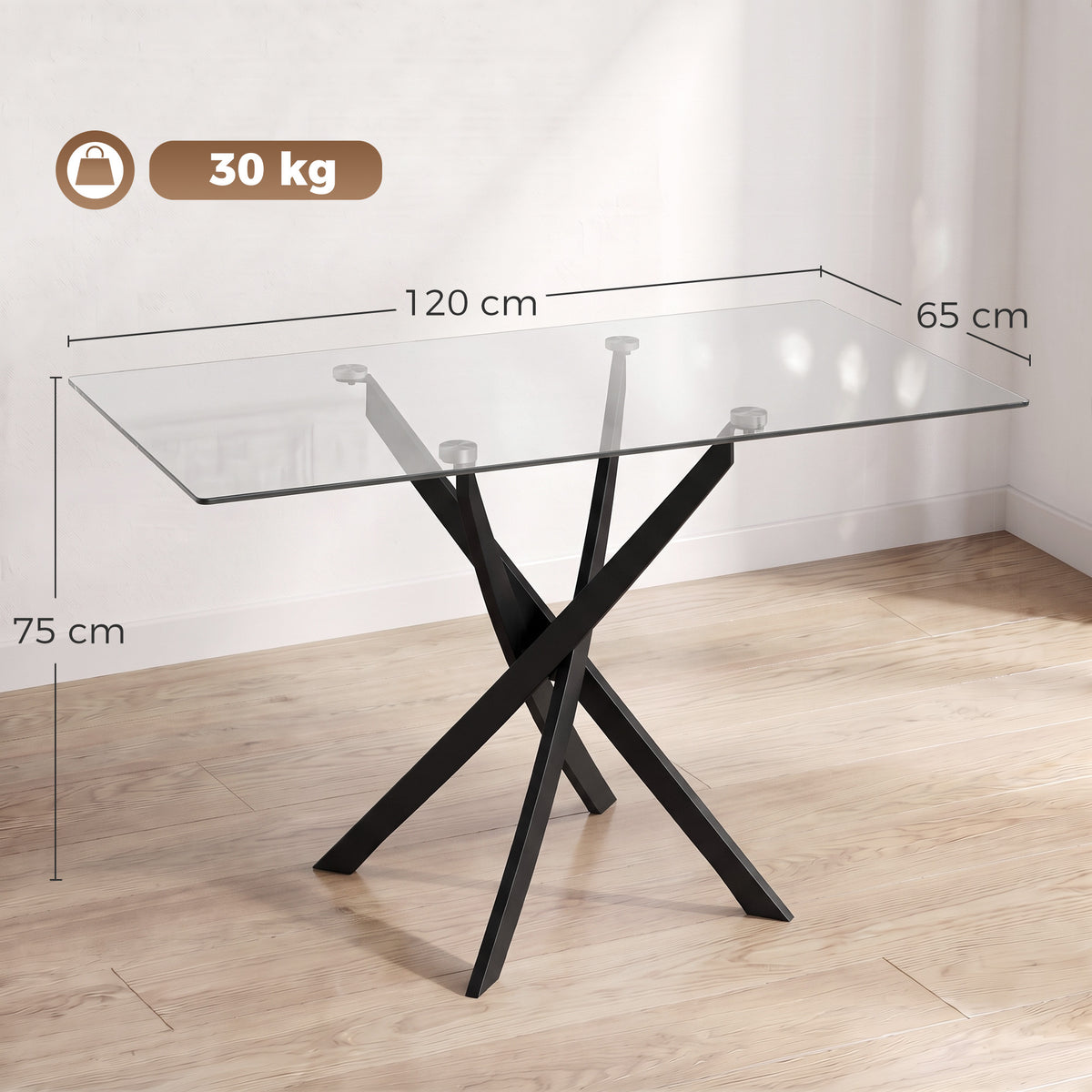 Table de Cuisine, Plateau en Verre Trempé, Piétement Croisé en Acier, Style Moderne, pour Salle à Manger, Cuisine, Salon-2