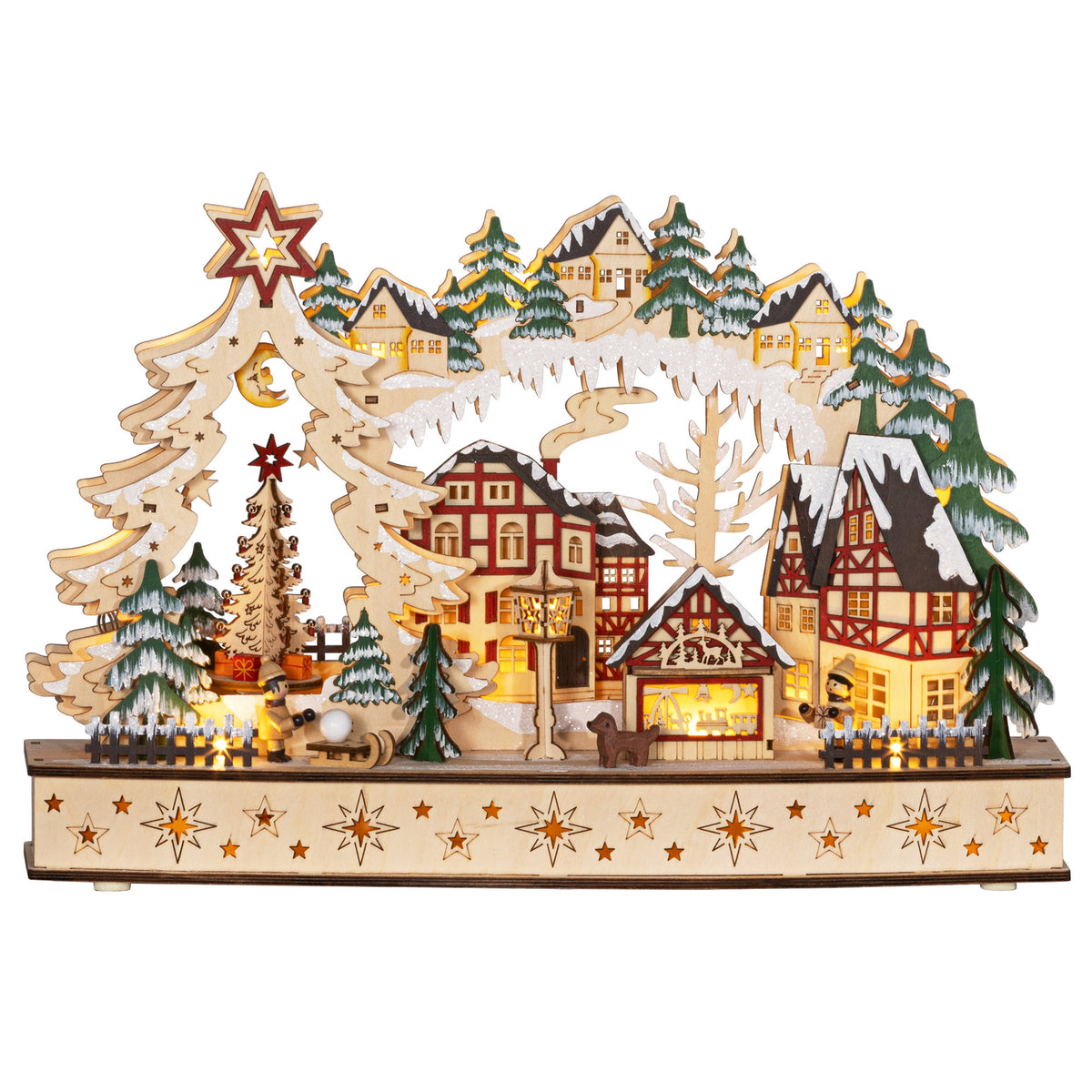 Village de Noël lumineux, village de Noël animé en bois, avec 20 LED, paysage enneigé, 45L x 12l x 30H cm, bois naturel-0