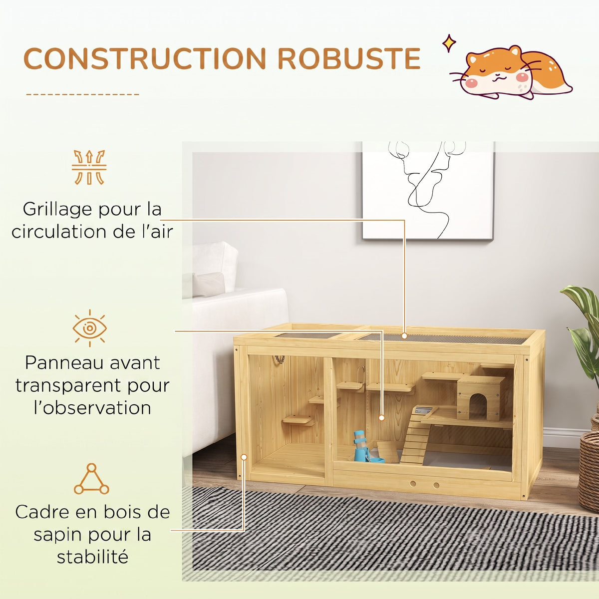 Cage Hamster Habitat pour Rongeurs Souris Plusieurs Niveaux Plateformes Échelle Balançoires 100 x 50 x 50 cm Naturel-6