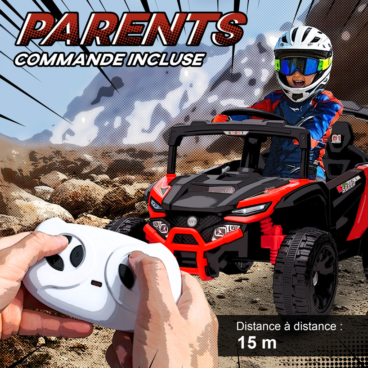 Voiture électrique enfant UTV, buggy électrique enfant 12V 2 moteurs, télécommande, LED, musique, klaxon, 3-8 ans, rouge-4