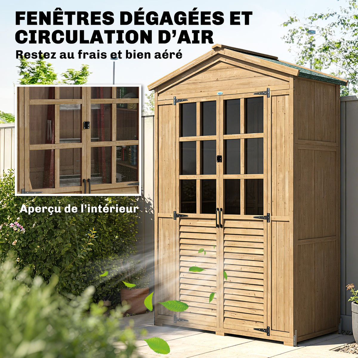 Abri de jardin Armoire de jardin pour outils avec Étagères et Fenêtres en Acrylique, 128 x 57,5 x 197 cm marron clair-3
