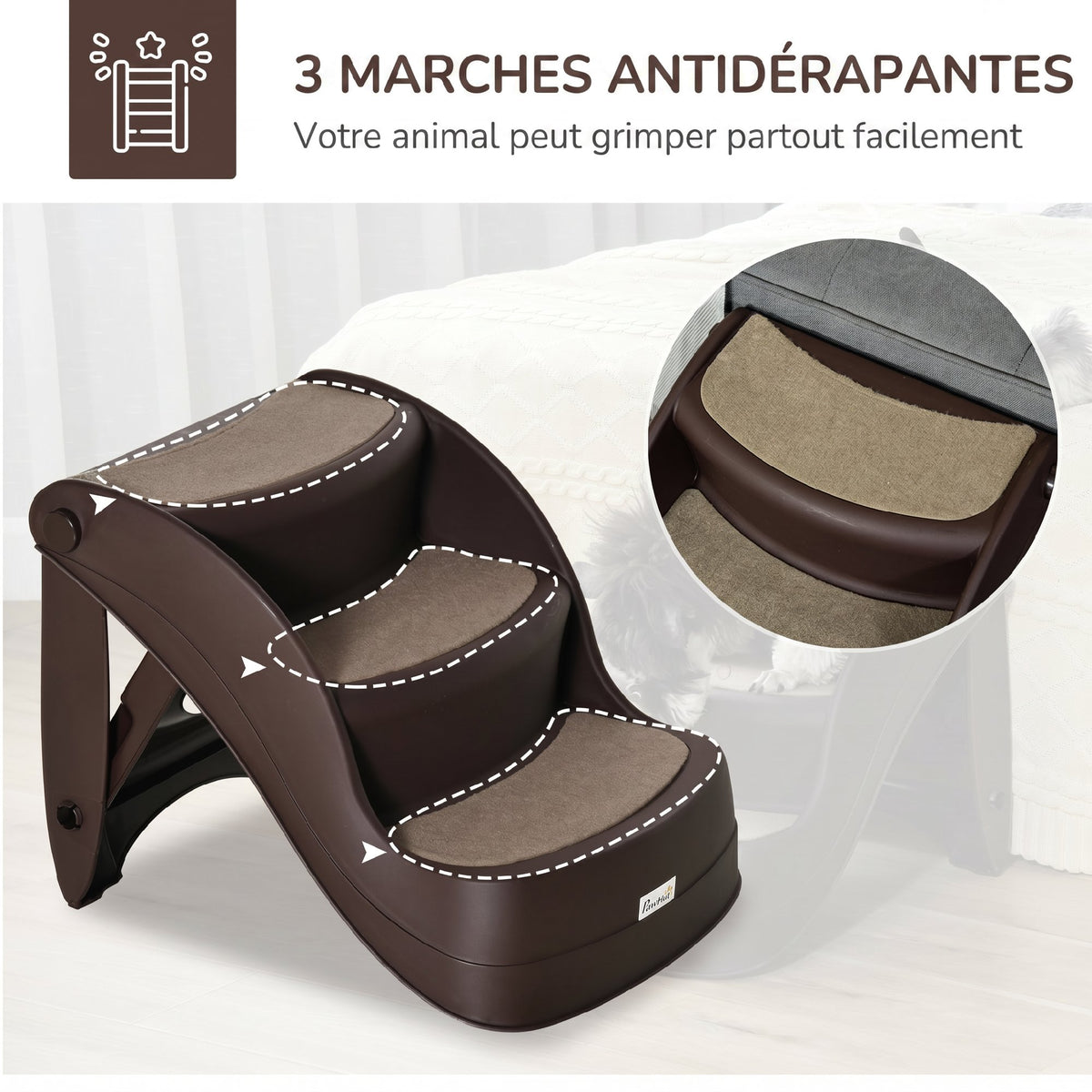 Escalier pour Chien Pliant à 3 Marches Antidérapantes, pour Chiens Âgés, Chiots, Lit, Canapé, 49x38x38cm, Marron-3