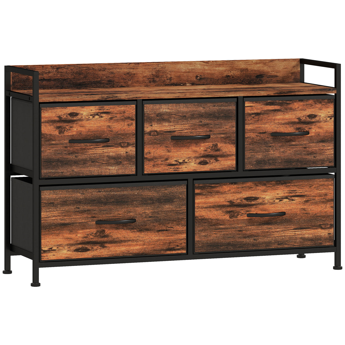 Commode, meuble de rangement avec 5 tiroirs en tissu pliables, plateau et cadre en acier, 98 x 29 x 63 cm, brun rustique-0
