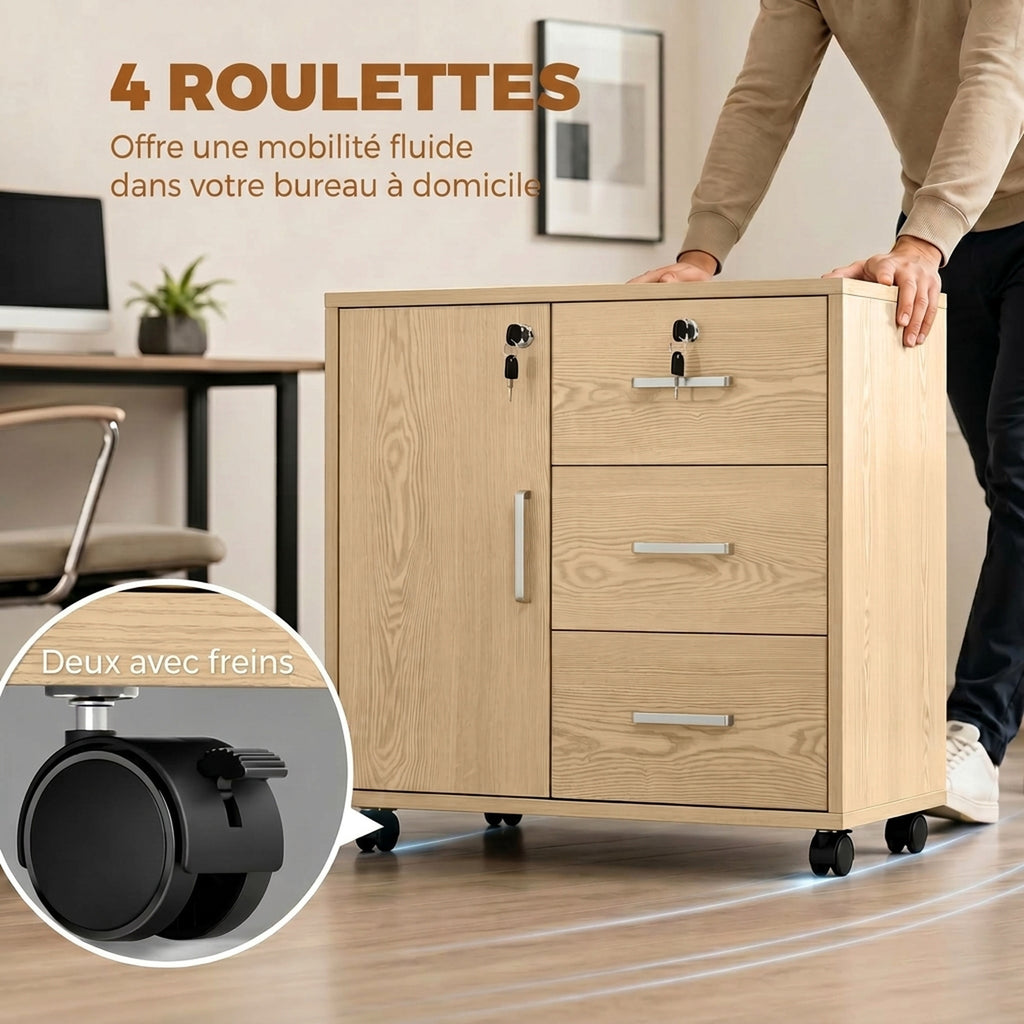 Caisson bureau meuble de rangement verrouillable avec 3 tiroirs et étagère réglable, roulettes, 40 x 60 x 56 cm, marron clair-6