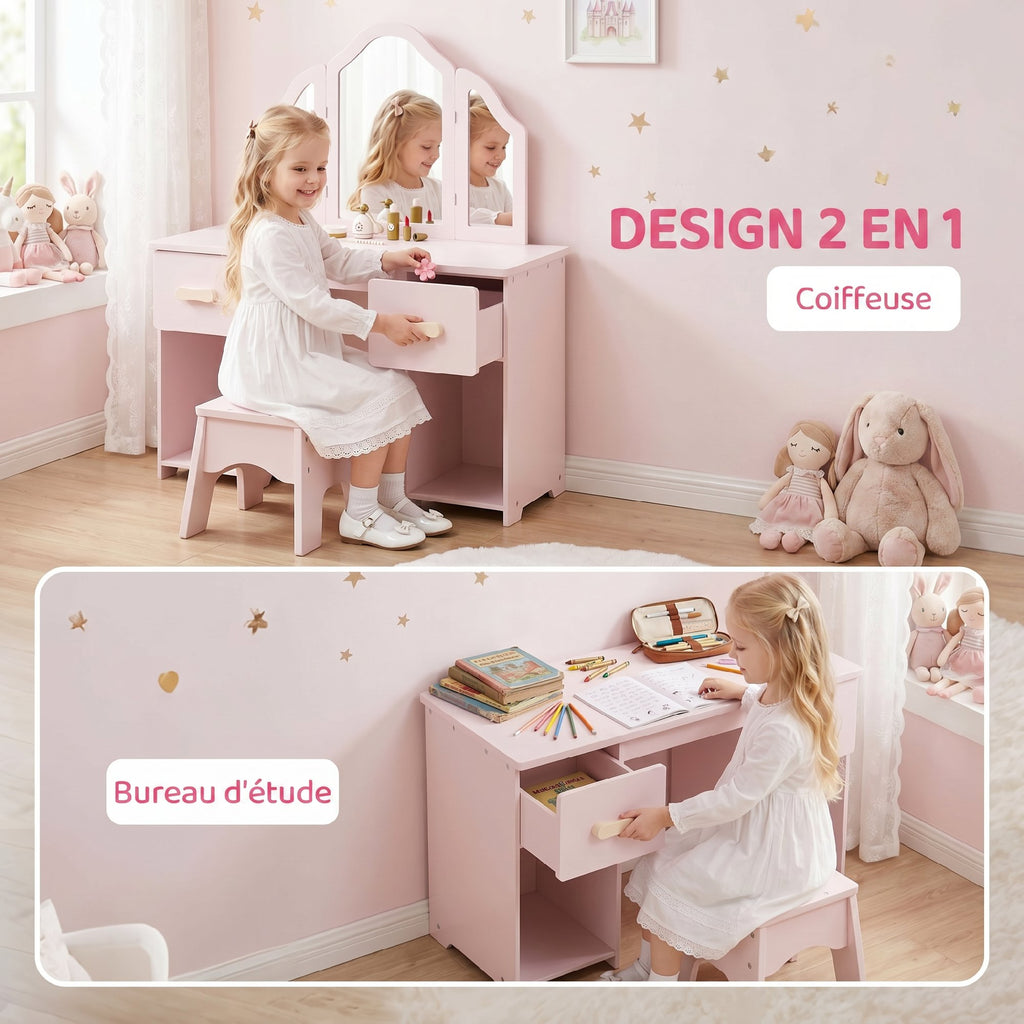Coiffeuse pour Enfants avec Tabouret et Miroir à Trois Volets en Acrylique, 2 Tiroirs et 2 Placards, Rose-3