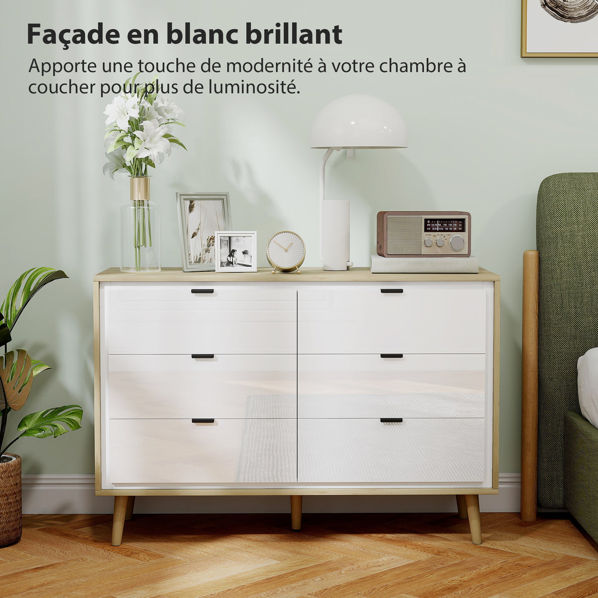 Commode 6 tiroirs, meuble de rangement à haute brillance, 5 pieds en bois, 110 x 40 x 75 cm, blanc et chêne-4