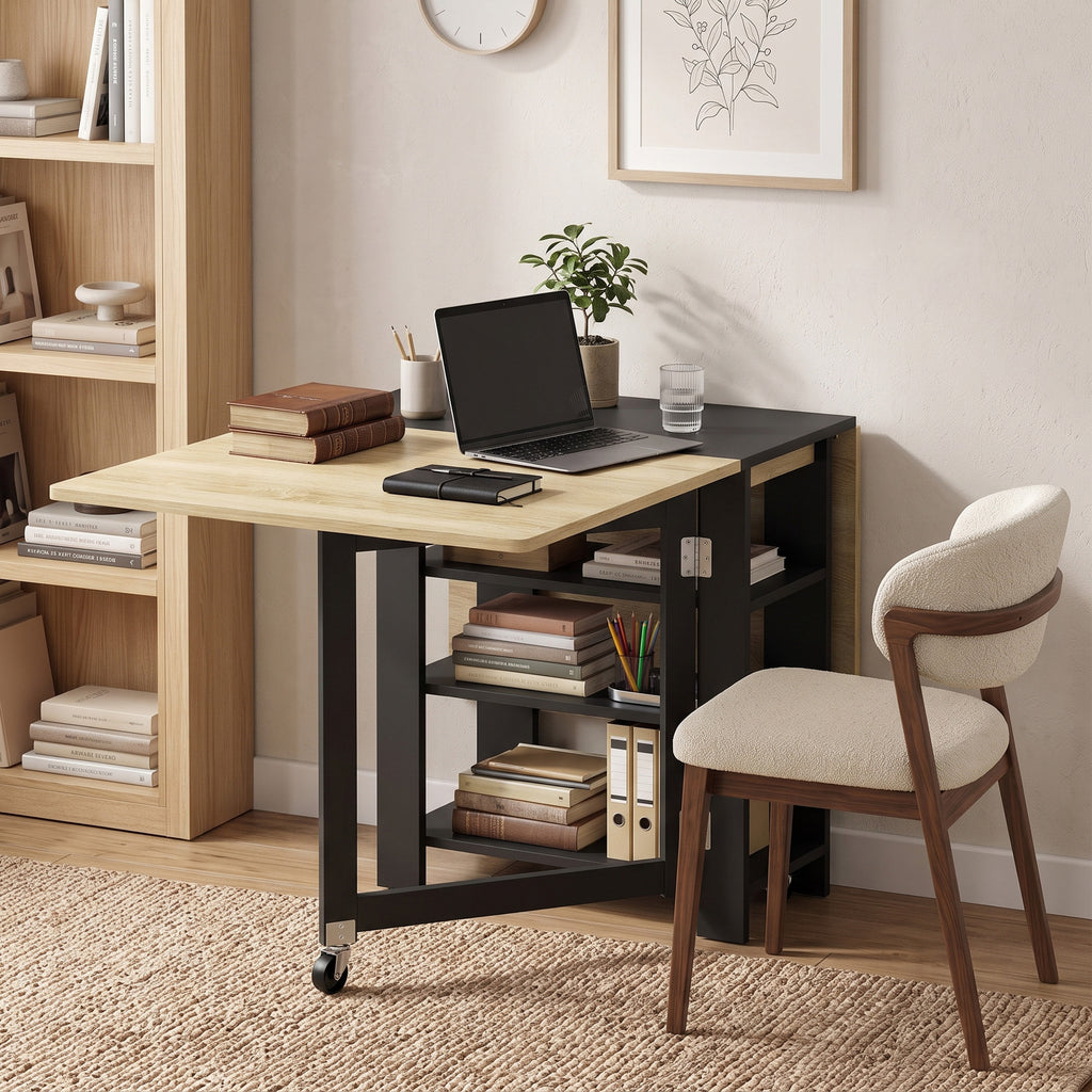 Table à Manger Pliante sur Roulettes, Table de Cuisine pour 2 à 4 Personnes avec Étagères de Rangement, Chêne et Noir-8