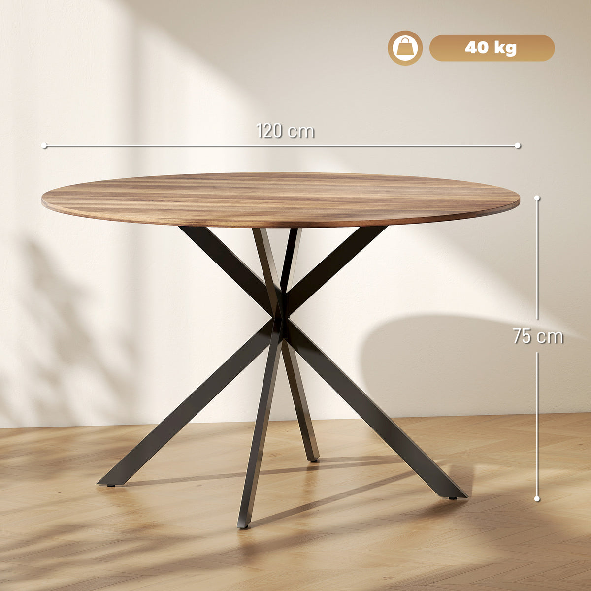 Table à manger ronde pour 4 personnes 120 cm style industriel avec plateau aspect bois, piètement croisé en acier, marron-2