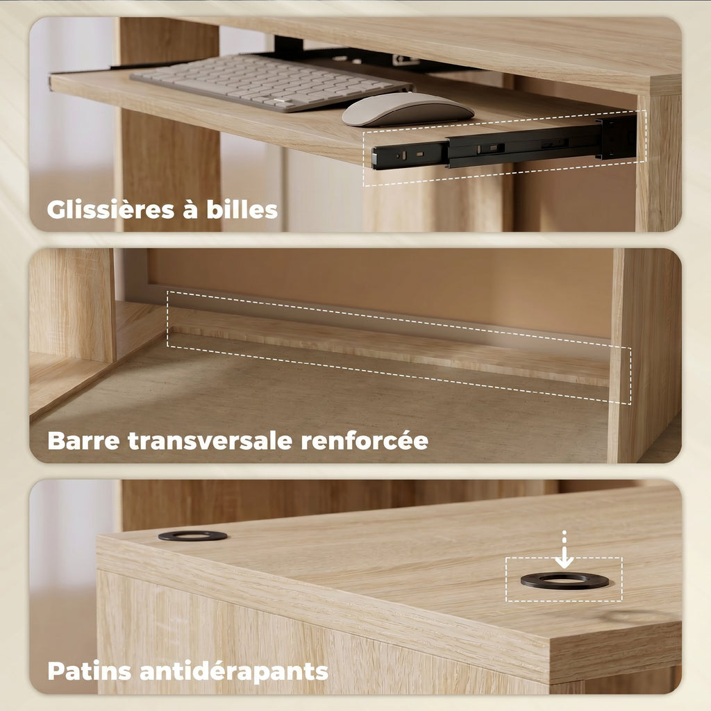 Bureau d'Angle, 120 x 100 x 76 cm, Bureau Informatique en L avec Plateau de Clavier, 4 Compartiments Ouverts, Naturel-5