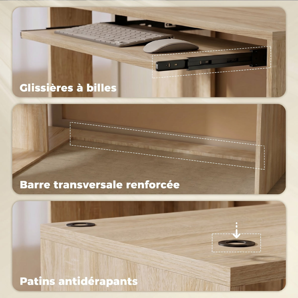 Bureau d'Angle, 120 x 100 x 76 cm, Bureau Informatique en L avec Plateau de Clavier, 4 Compartiments Ouverts, Naturel-5