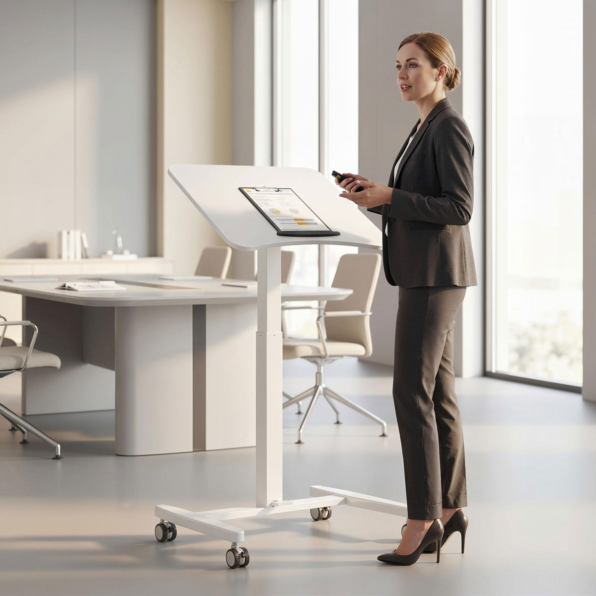 Bureau Debout Réglable en Hauteur, Plateau Inclinable, Roulettes et Cadre en Acier, 60,5 x 52 x 75-114 cm, Blanc-9