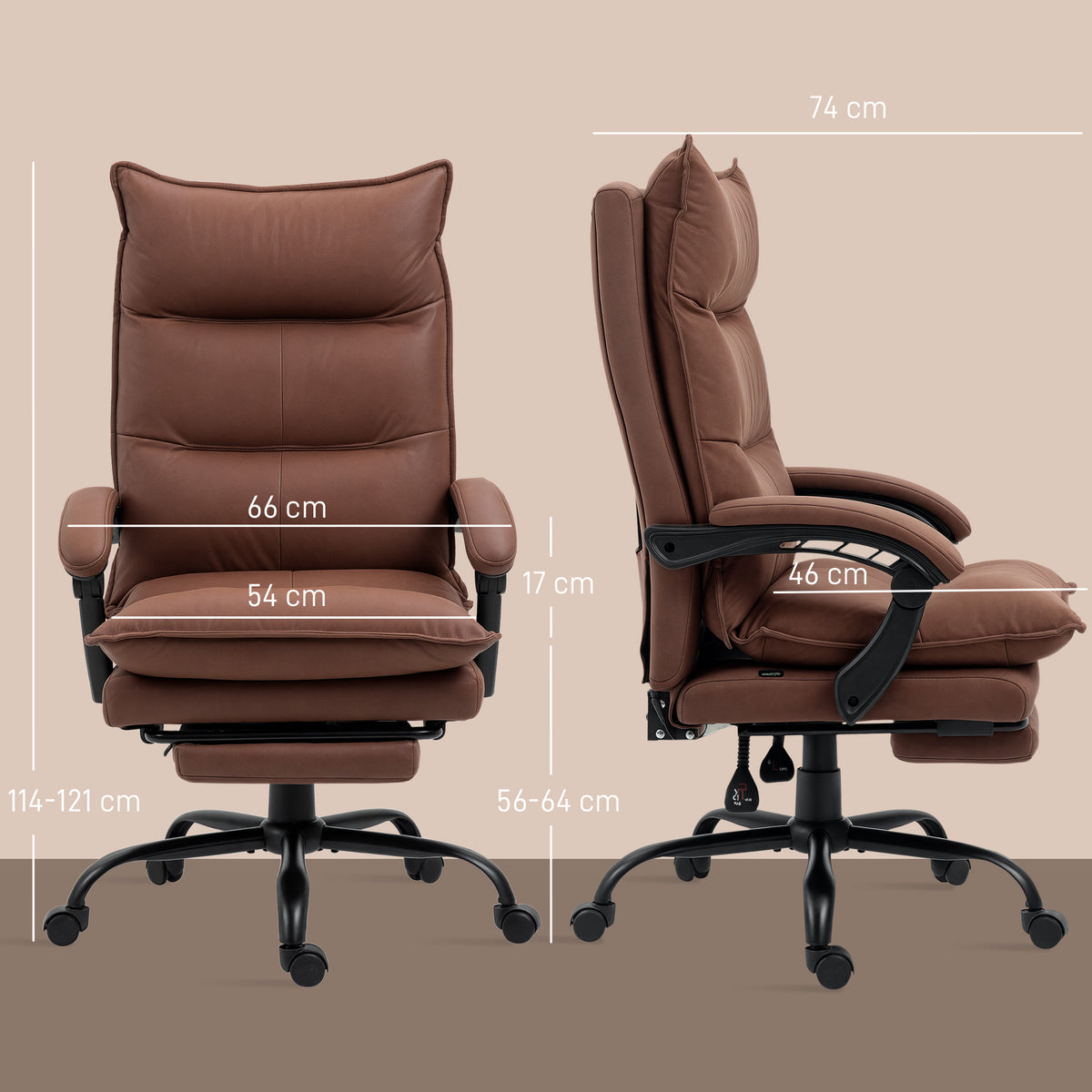 Fauteuil de bureau massant et chauffant, chaise de bureau, hauteur réglable, dossier inclinable, 66x74x121,5cm marron-2