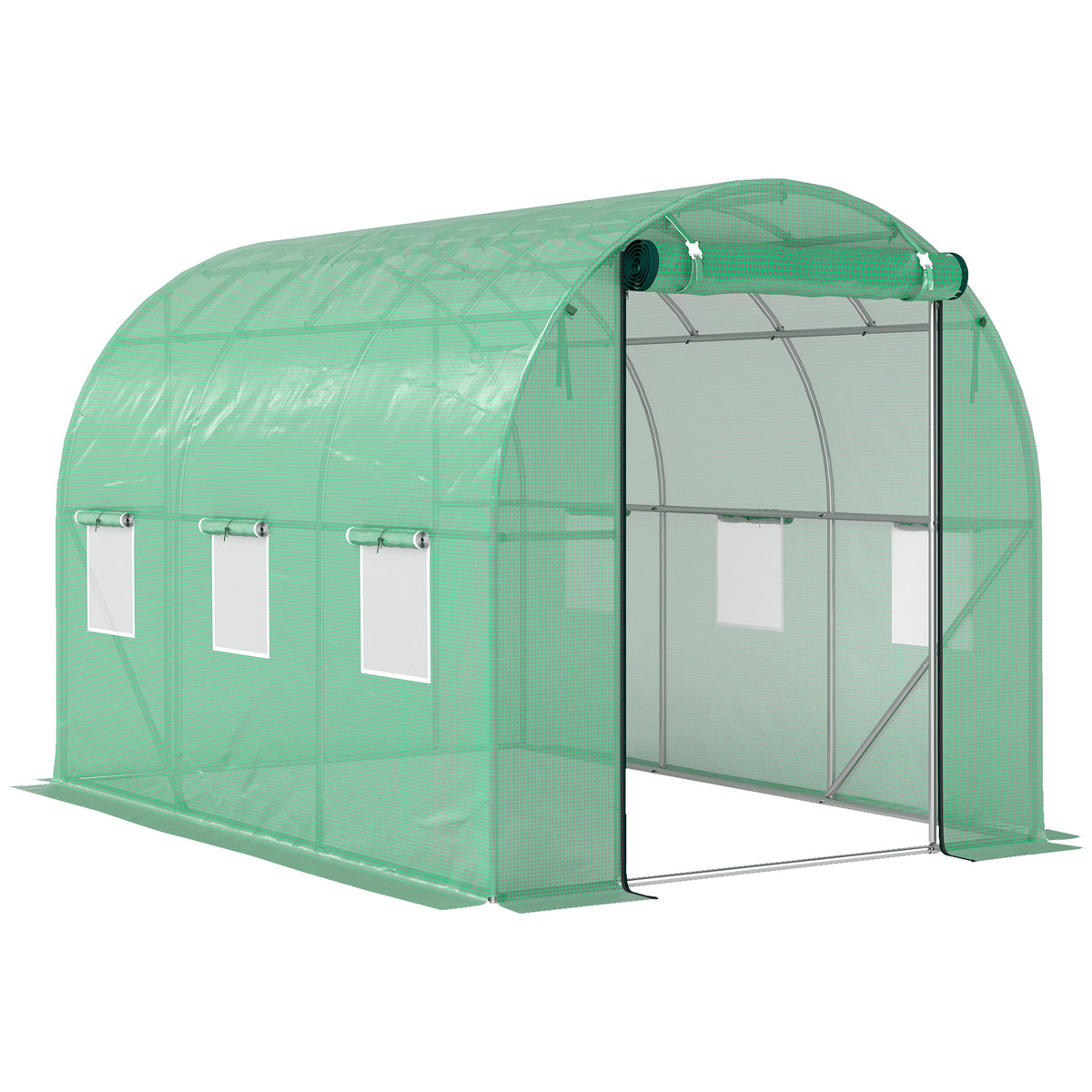 Serre tunnel de jardin 3 x 2 x 2 m avec porte enroulable et grandes fenêtres, en acier galvanisé et PE, vert-0