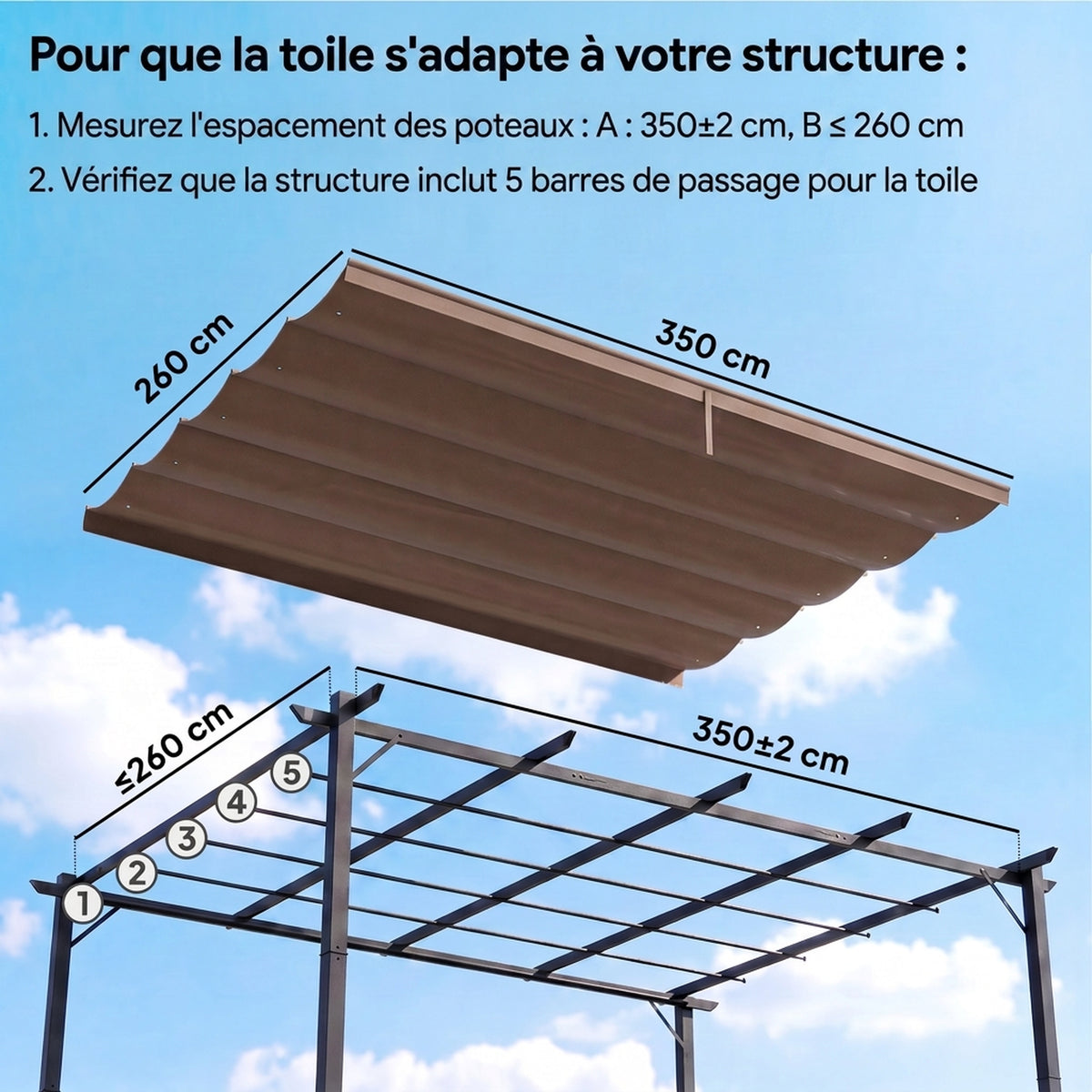 Toile de toit pour pergola tonnelle rétractable de 4 x 3 m - toile uniquement 350 x 260 cm café-3