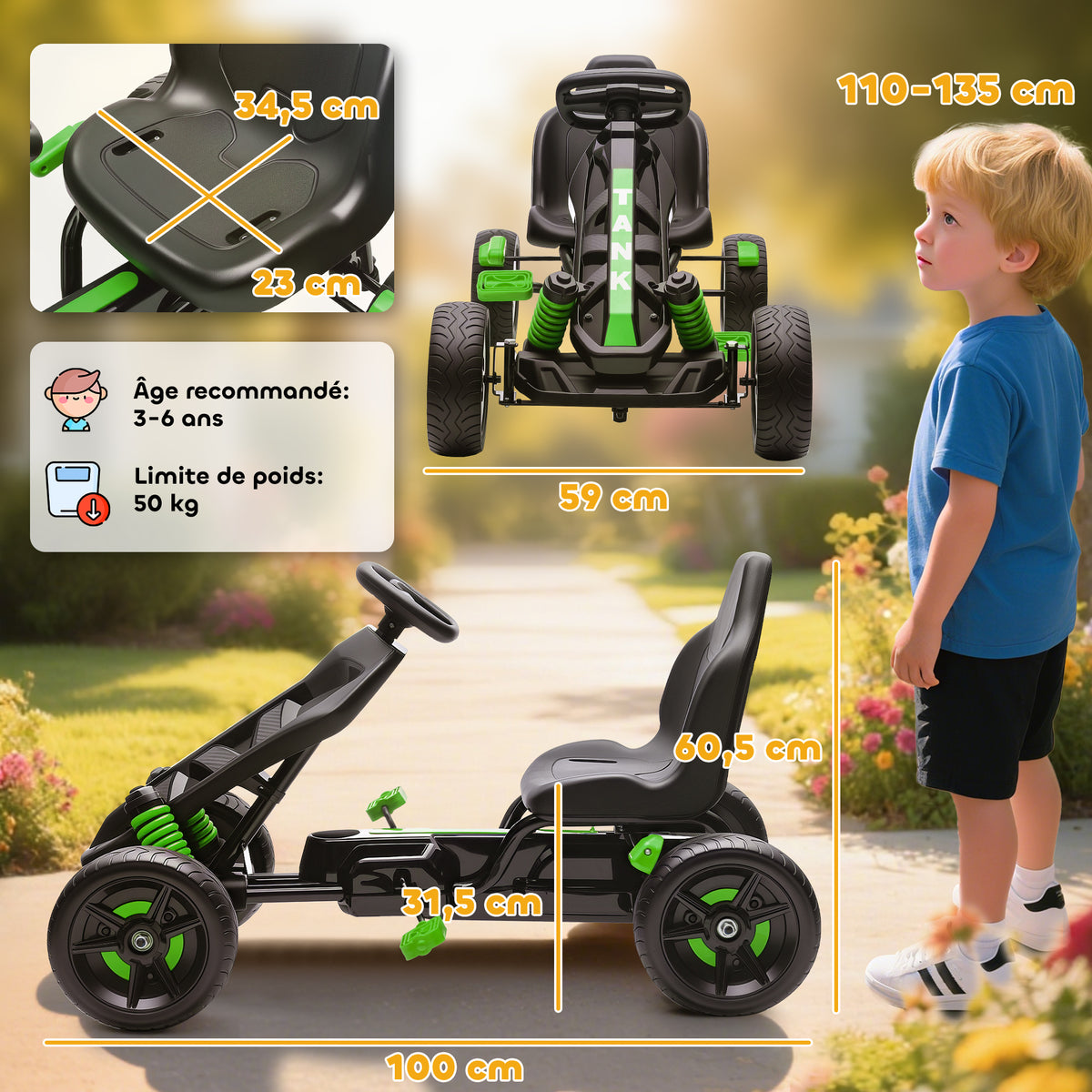 Kart à pédales pour enfants, karting enfant 3 à 6 ans avec roue libre, frein, roues EVA antidérapantes, vert-2