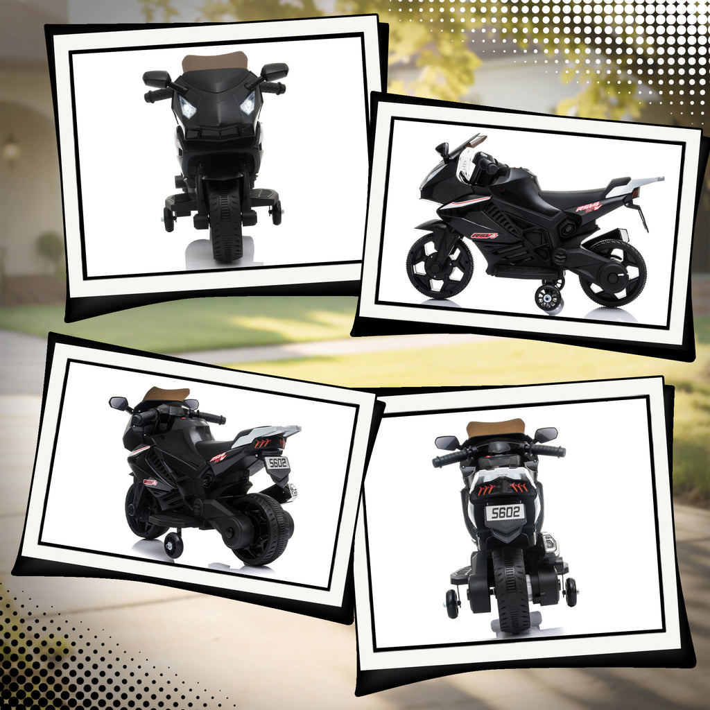 Moto électrique enfants, moto à batterie 6 V avec effets lumineux et sonores, roues d'entraînement, 75x36x49cm, noir-7
