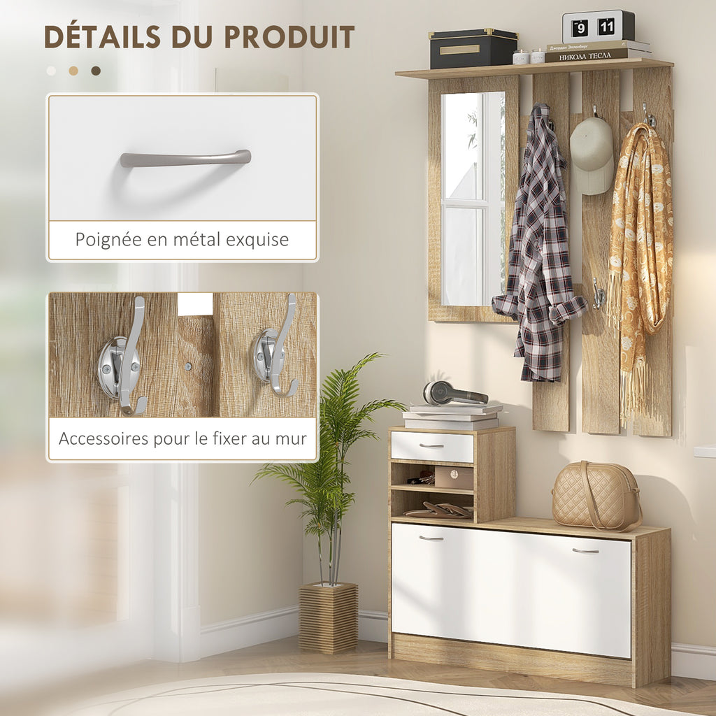 Meuble d'entrée vestiaire avec panneau porte-manteau, miroir et banc à chaussures - 6 crochets et étagère réglable-4