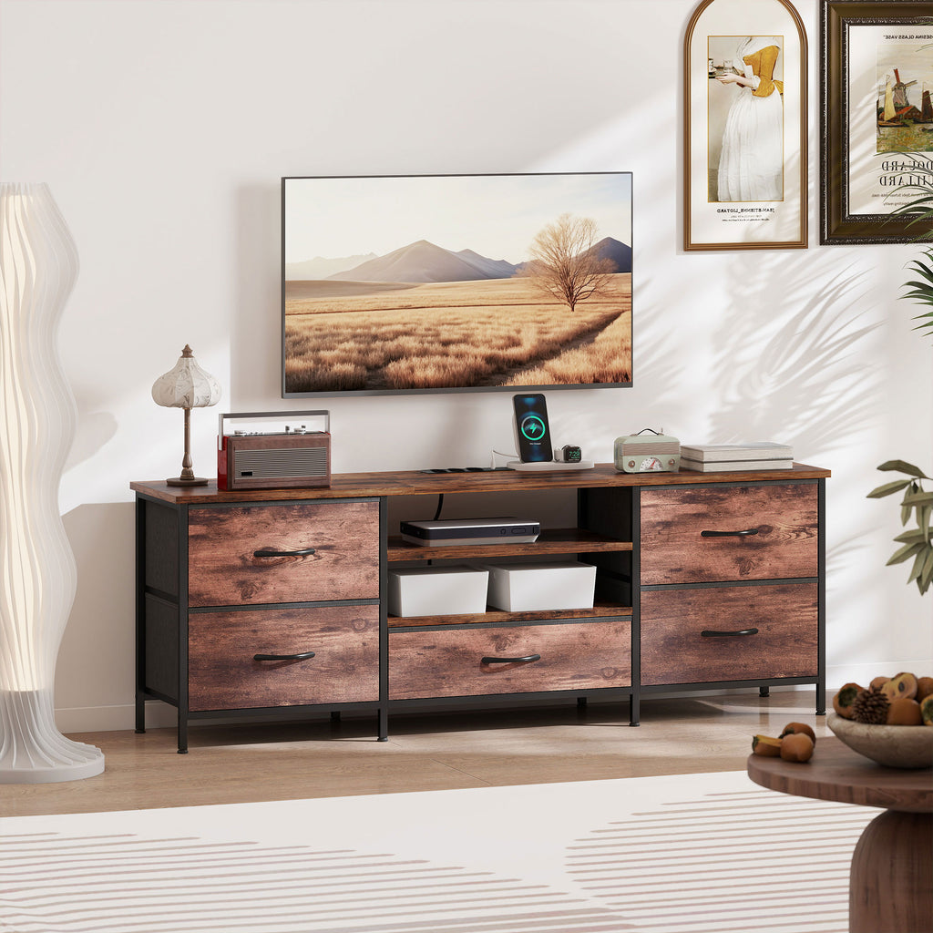 Meuble TV 140 cm, Meuble Télé 65 Pouces, Station de Charge, 5 Tiroirs en Tissu, Étagères Ouvertes, Brun Rustique-7