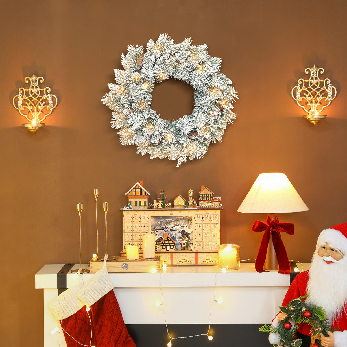 Couronne de Noël lumineuse 60 cm avec 35 LED blanc chaud, minuterie, 98 pointes, pommes de pin, vert et blanc-1