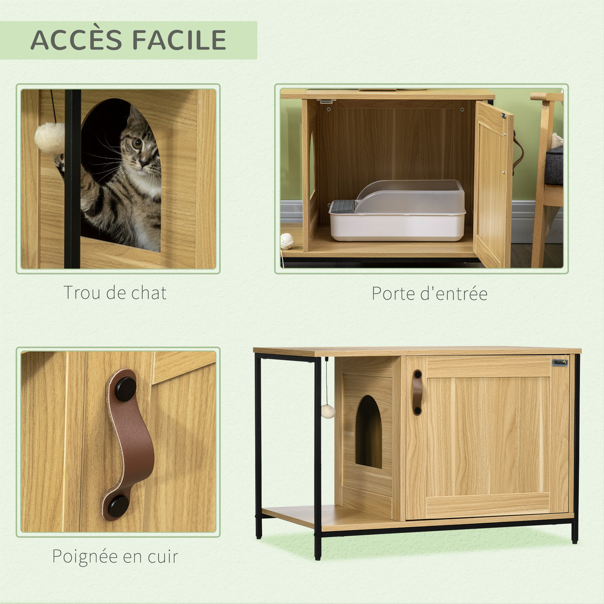 Maison de toilette pour chat style industriel porte entrée latérale boule suspendue châssis acier aspect bois clair-4