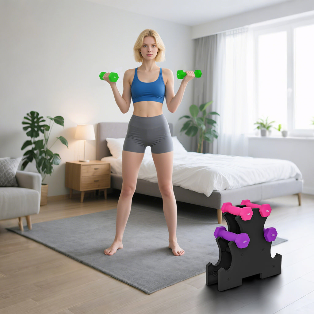 Ensemble d'haltères hexagonale avec support d'haltères, pour la musculation, 2 x 1kg, 2 x 2kg, 2 x 3kg-7