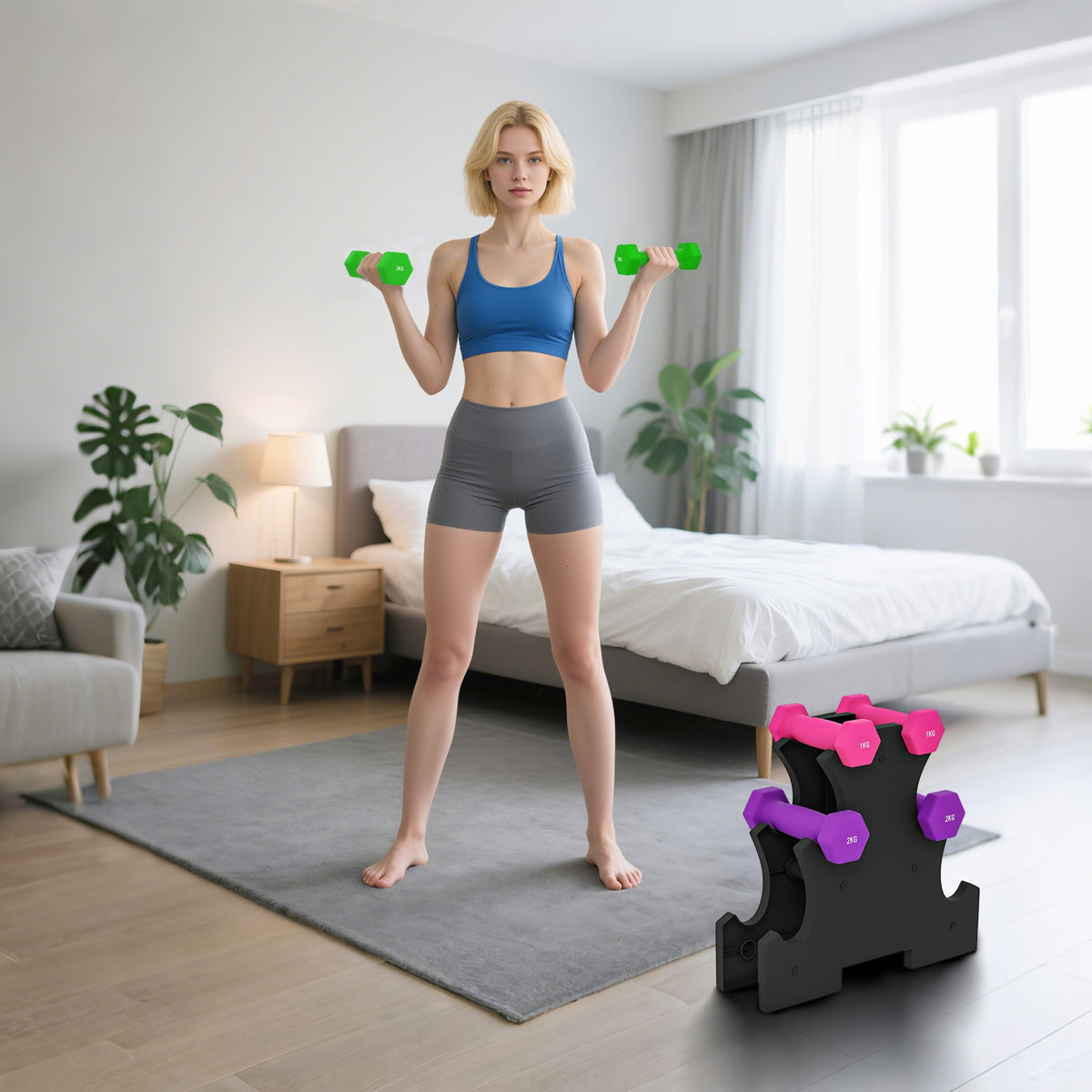 Ensemble d'haltères hexagonale avec support d'haltères, pour la musculation, 2 x 1kg, 2 x 2kg, 2 x 3kg-7