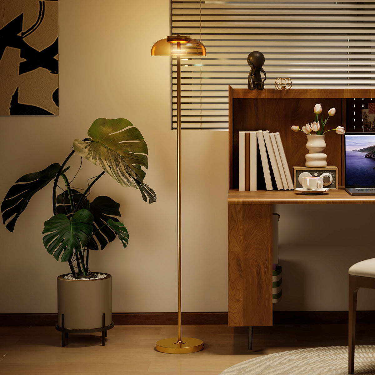 Lampadaire sur pied de salon, lampe salon LED avec lumière chaude 3000 K et interrupteur à pied, Ø25x134cm, ton laiton-9