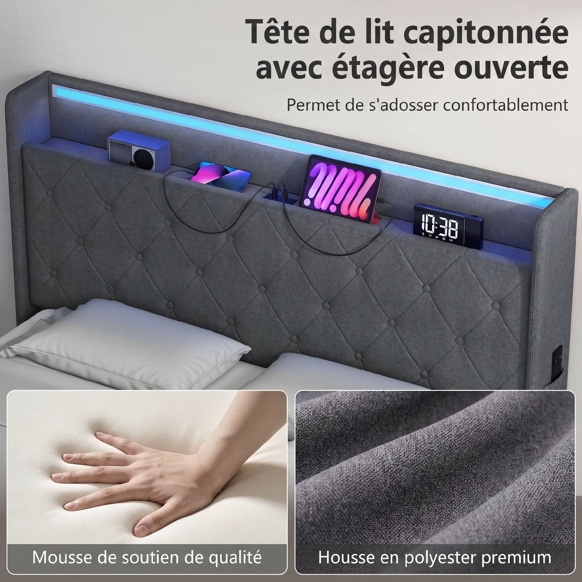 Lit coffre 140x190cm éclairage LED et station de charge cadre de lit double rembourré lin rangement hydraulique gris-6