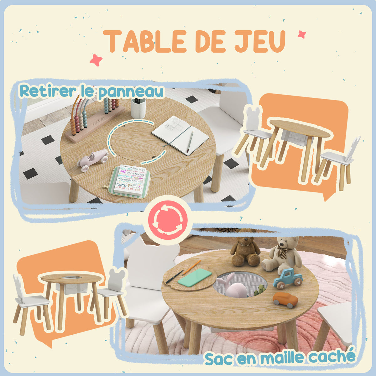 Ensemble 1 table ronde, 2 chaises pour enfant 3 pièces, dossier en forme d'ours, activités, bricolage, repas, 3-6 ans-4