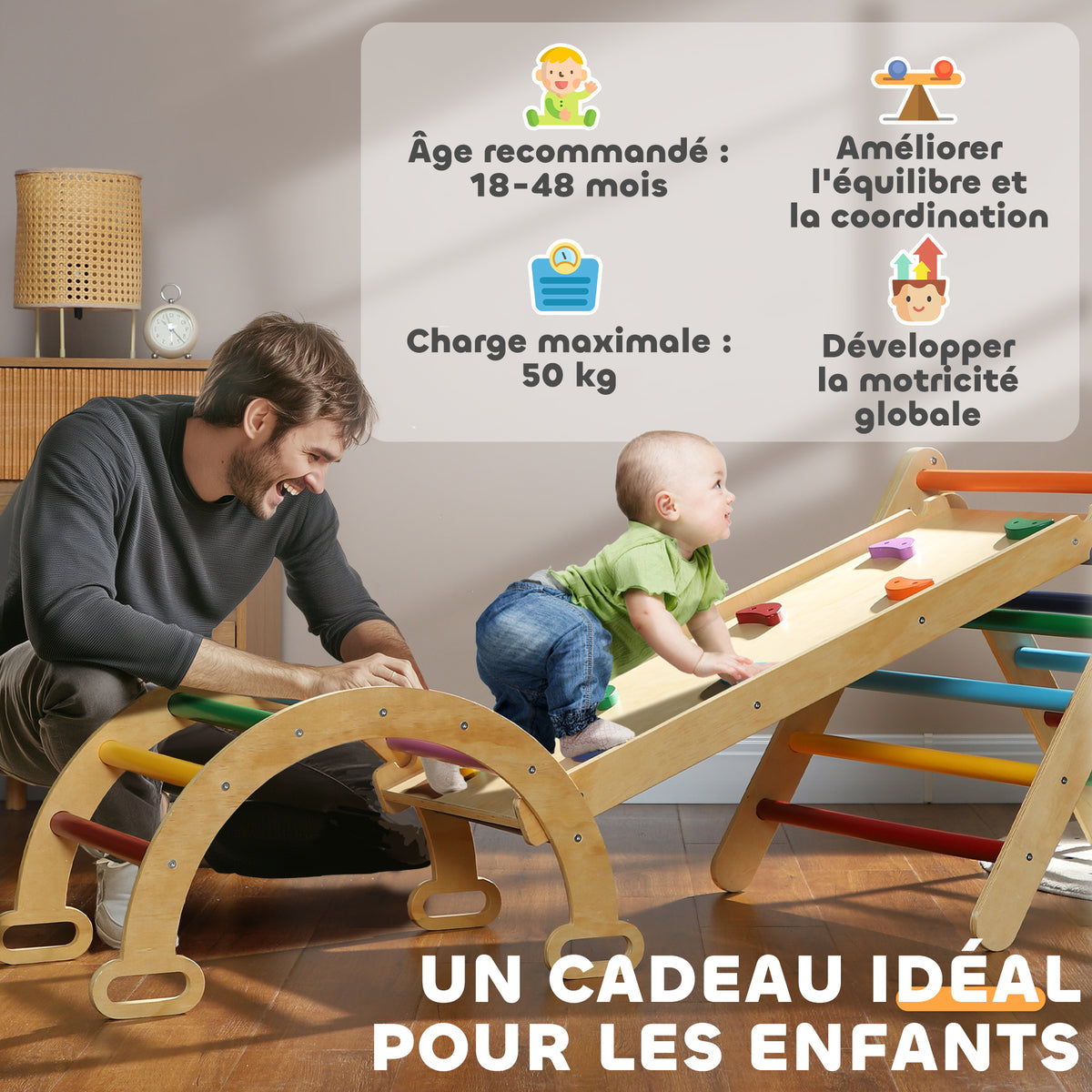 5 en 1 Triangle arche d'escalade enfants avec rampe d'escalade réversible toboggan bascule multicolore-7