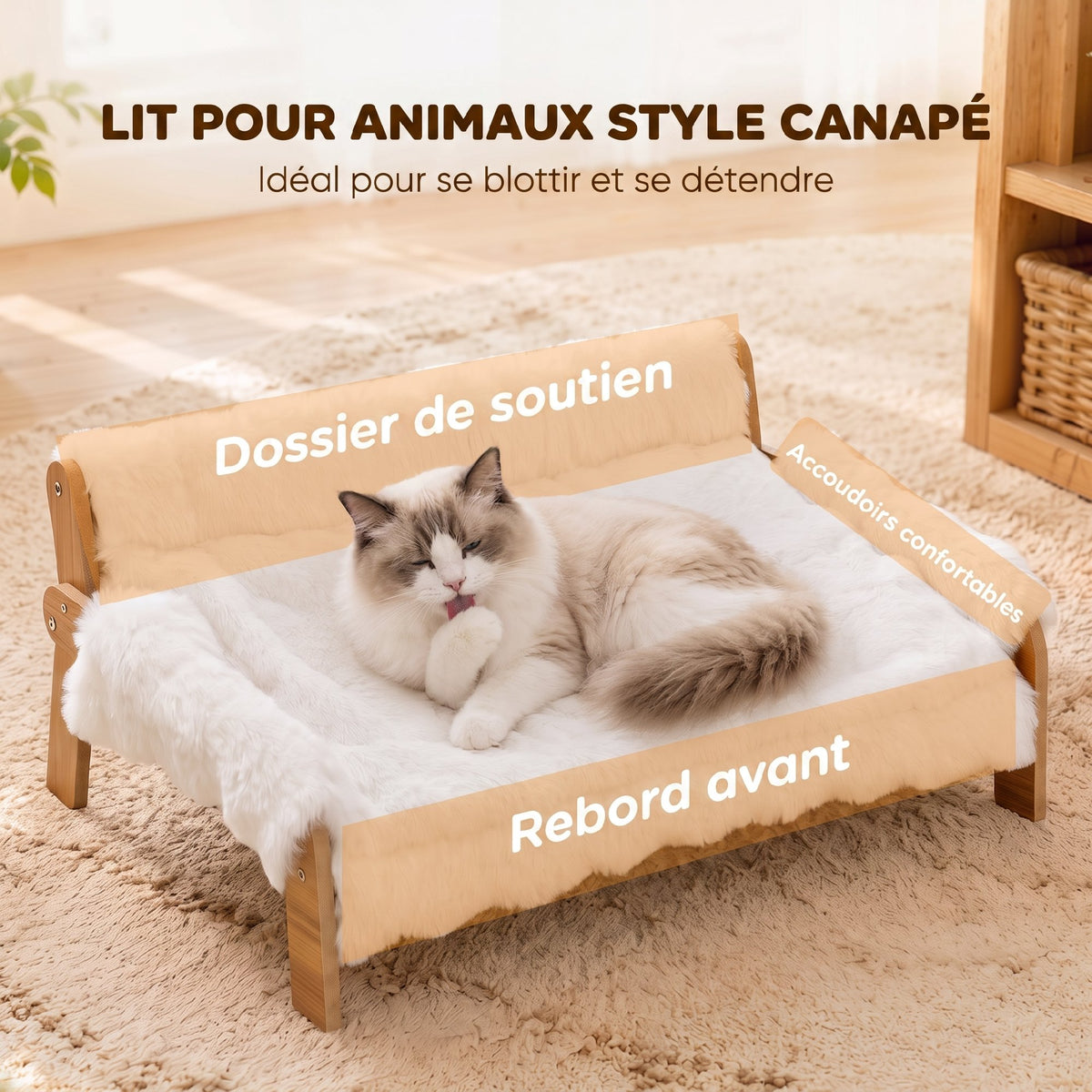 Canapé pour Chien Chat Lit Surélevé en Bois, Coussin Amovible en Peluche, Pieds Antidérapants, 70 x 47 x 30 cm, Blanc-3
