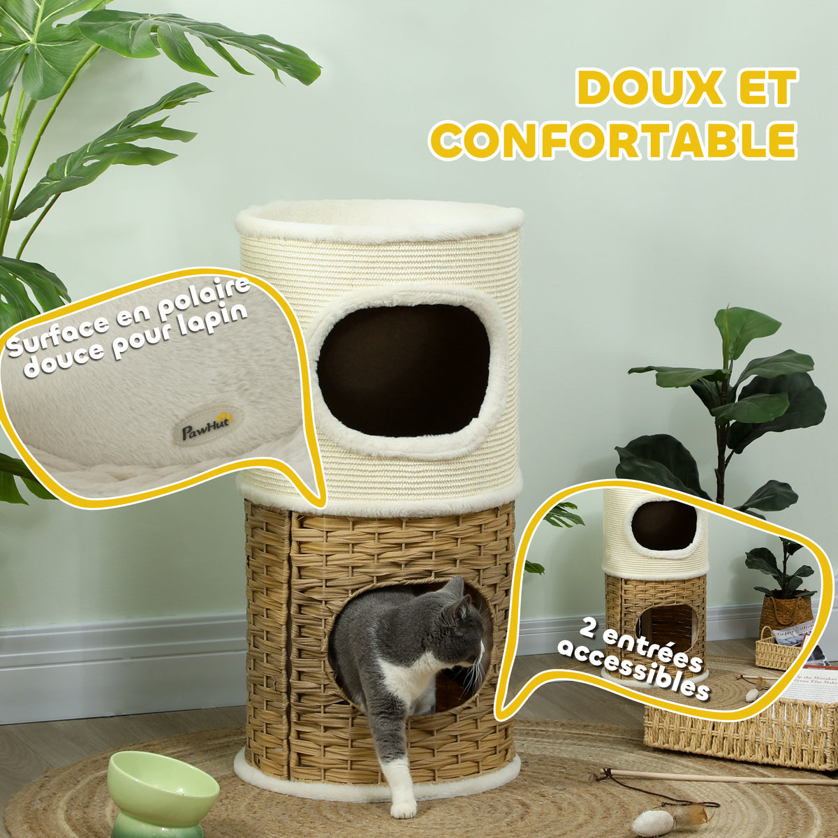 Niche pour chat d'intérieur à 3 niveaux, tour pour chat avec griffoir en sisal à griffer Ø 40 x 80 cm, crème-5