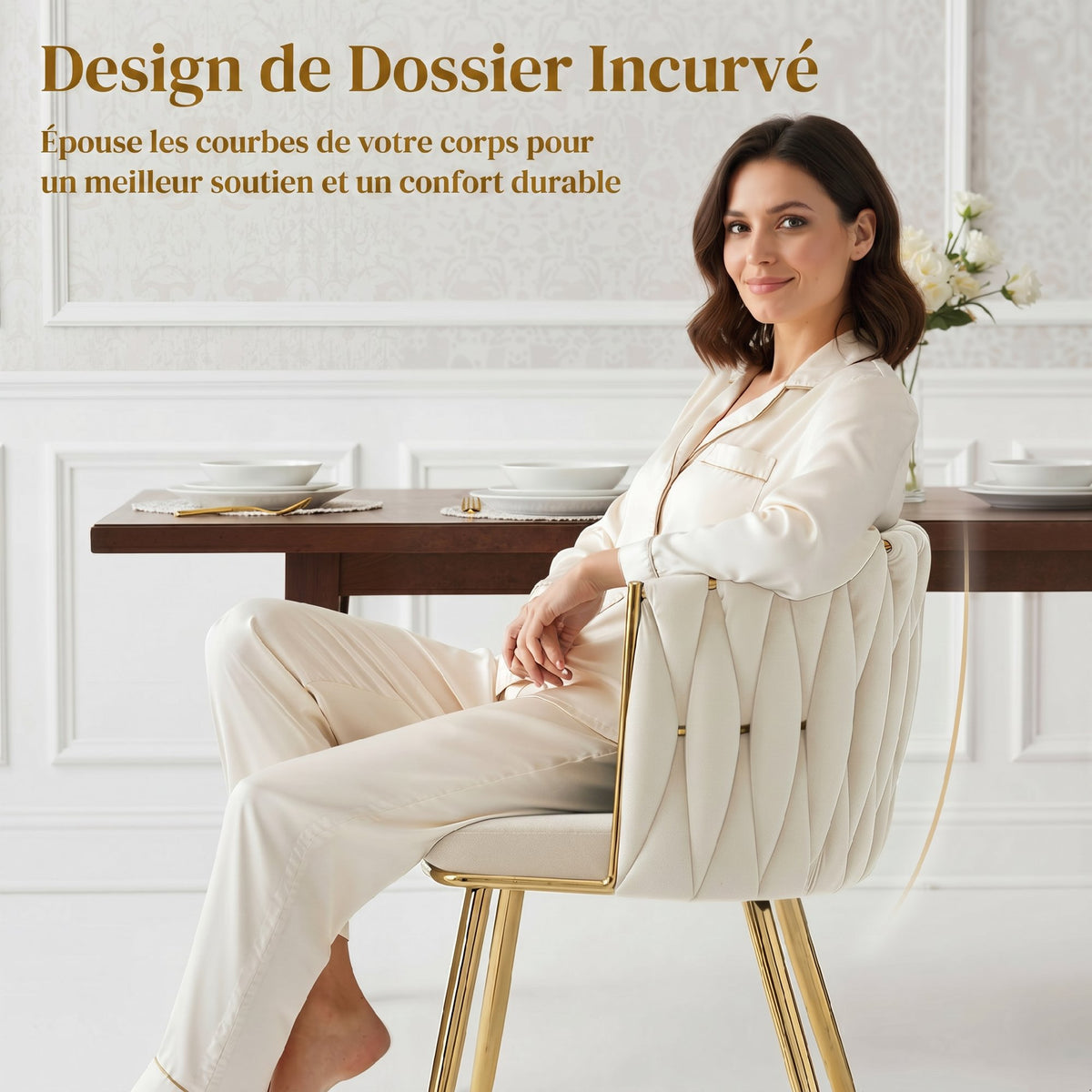 Lot de 2 chaises de salle à manger, chaises de cuisine rembourrées en velours avec dossier tressé et accoudoirs, crème-4
