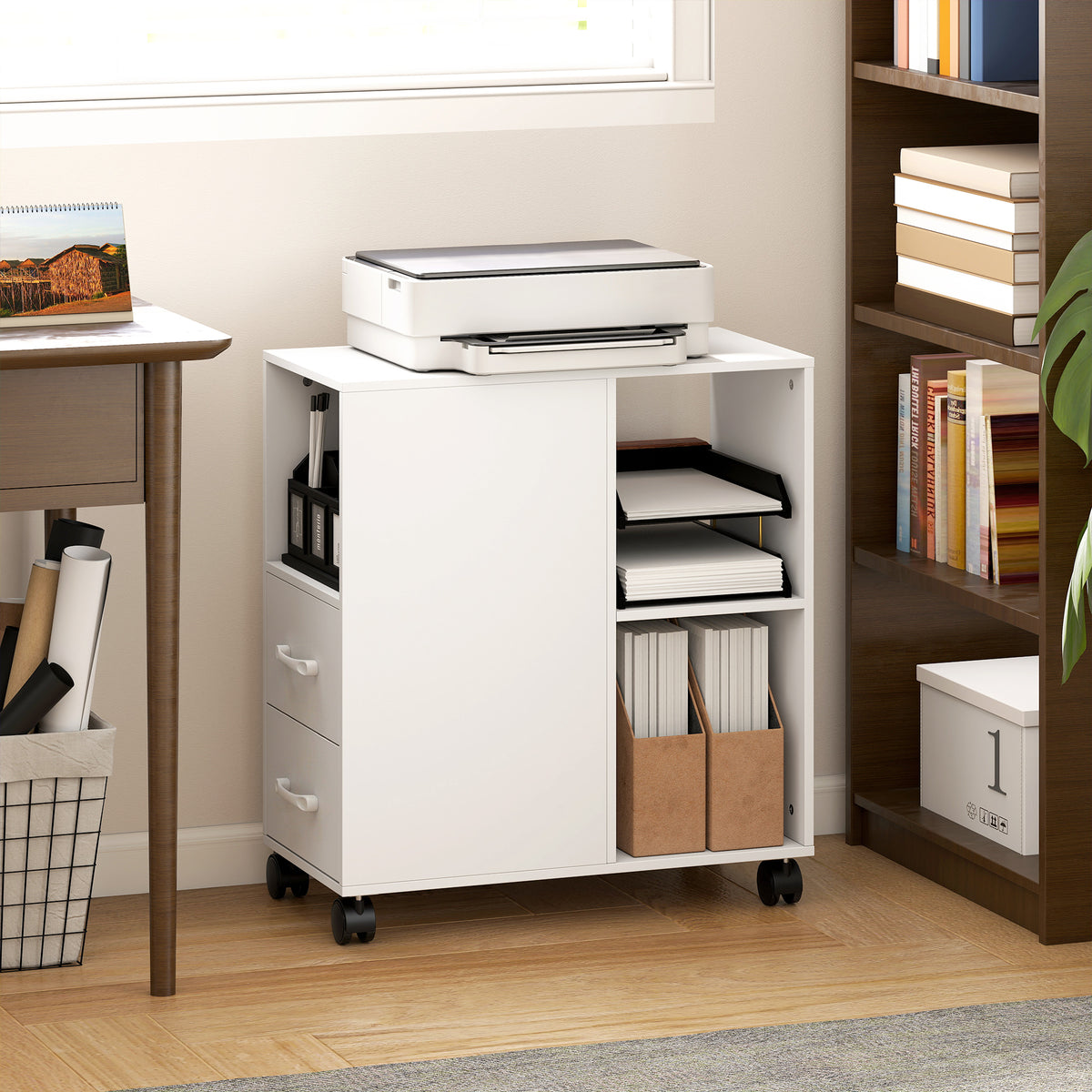 Support d'imprimante, meuble de rangement sur roulettes avec tiroirs, étagère réglable et compartiment ouvert, blanc-5