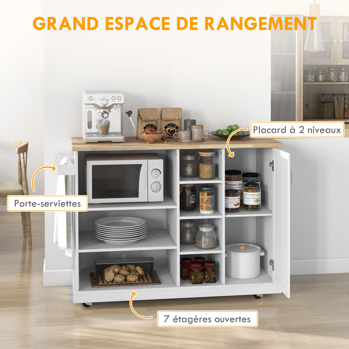 Desserte îlot de cuisine sur roulettes 7 compartiments 1 placard 1 porte 1 porte torchons 129 x 51 x 93 cm bois et blanc-3