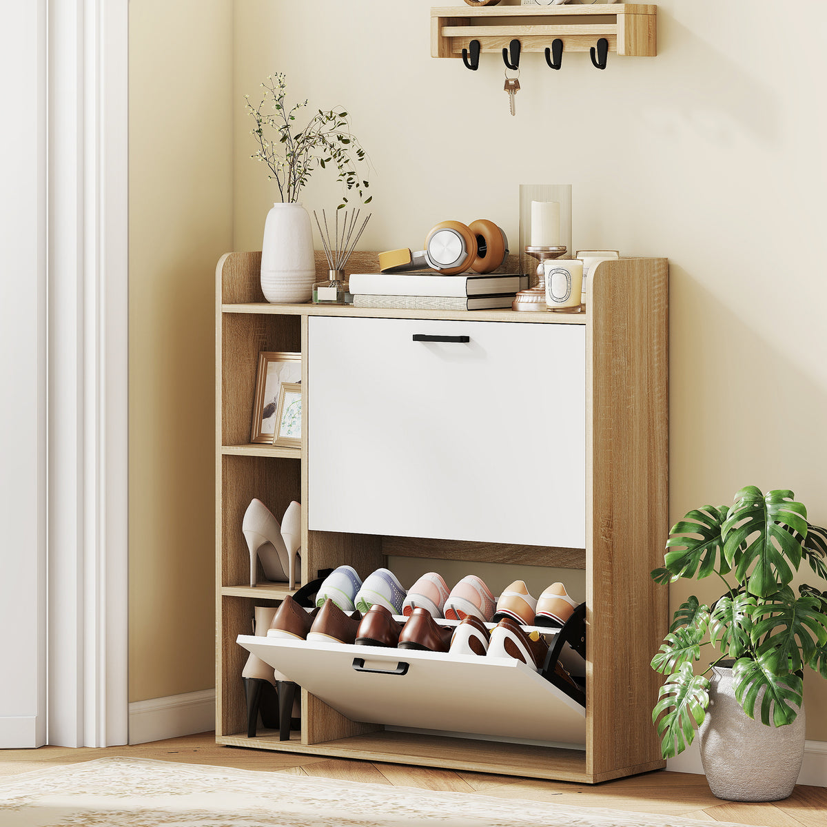 Meuble à chaussures 15 paires, armoire à chaussures moderne avec 2 tiroirs rabattables, 83x24x90,5cm, effet bois naturel-1